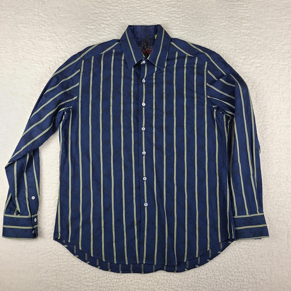 Robert Graham Dress Shirt Mens Large Blue Yellow‎ Striped Classic Fit Button Up